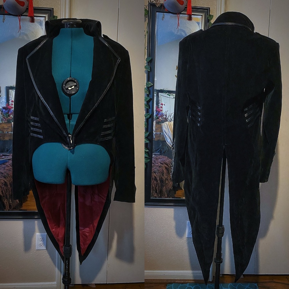 PUNK RAVE gothic unisex waistcoat black pvc, velvet,and red satin interior
